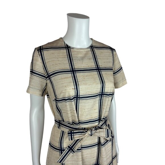 Vintage 70s Polyester Dress Women's Medium Striped Plaid Blue Cream Shift - Picture 4 of 11